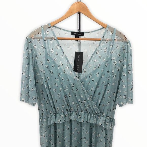 New Look Mesh Frill Blue Floral Ruffle Dress NWT - Picture 4 of 15